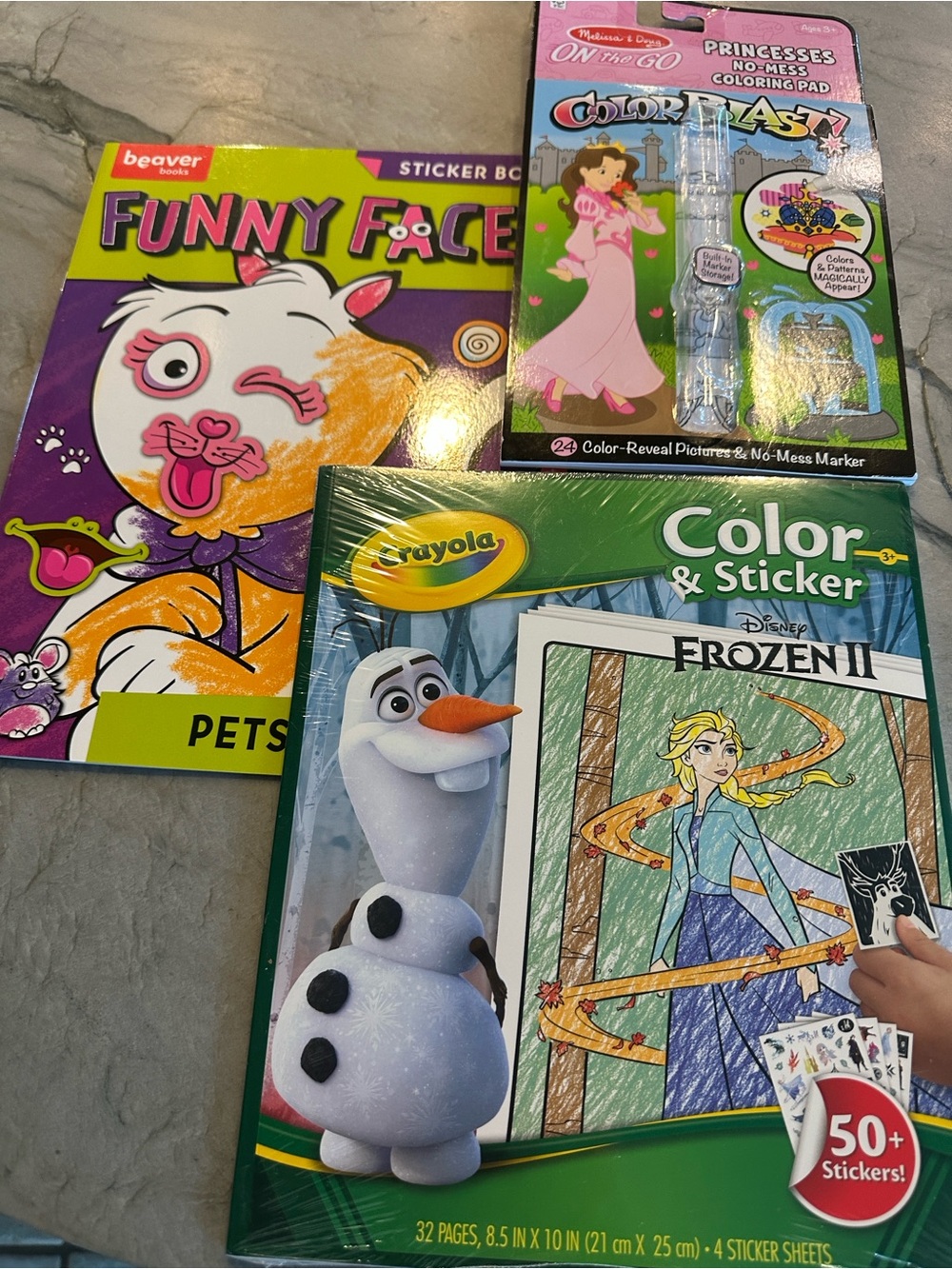 Lot of 3-Frozen II Activity, Funny Faces Pet Stickers, & princess magic books